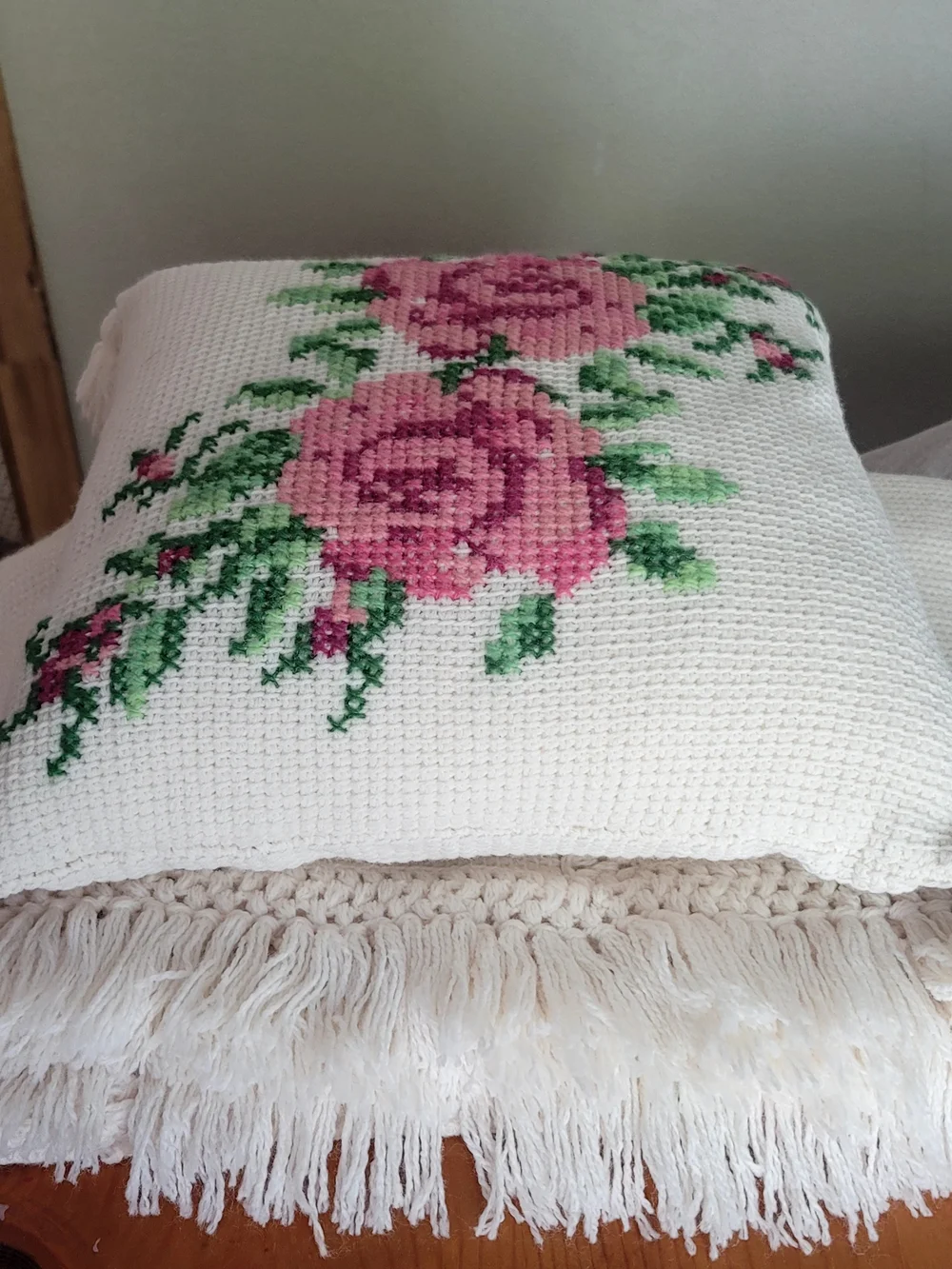 Decorative Pink Rose Cross-Stitch Throw Pillow and Blanket - Home Accents